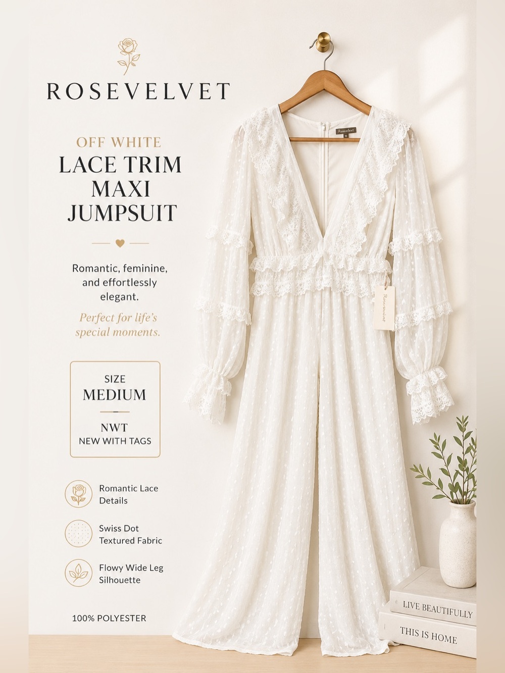 Rosevelvet Off White Swiss Dot Lace Trim Boho Maxi Jumpsuit Medium